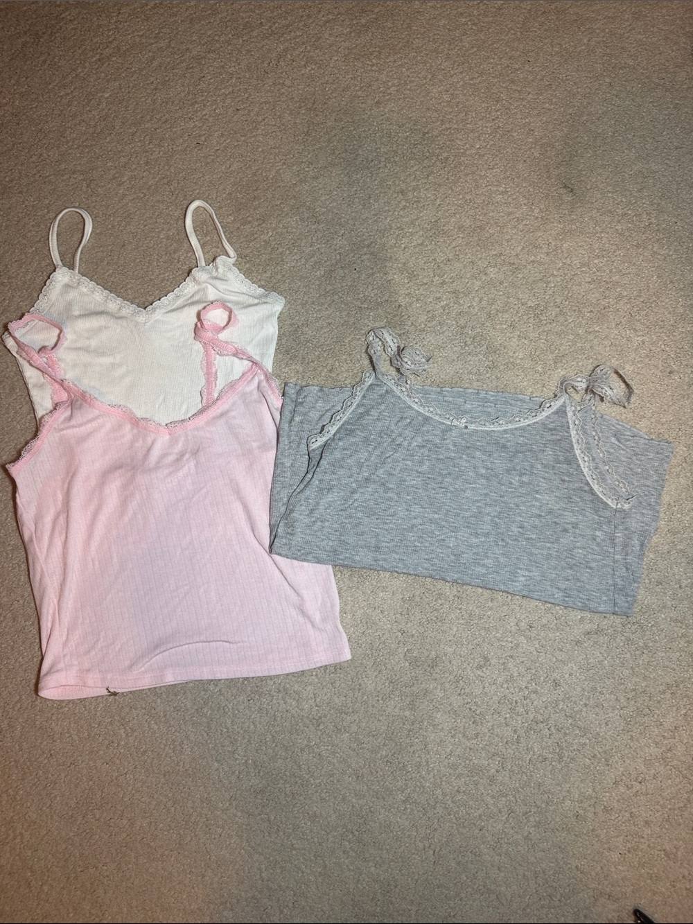 aerie Grey Lace-Trim Ribbed Cami, Victoria’s Secret in Pink & Tilly’s White Cami
